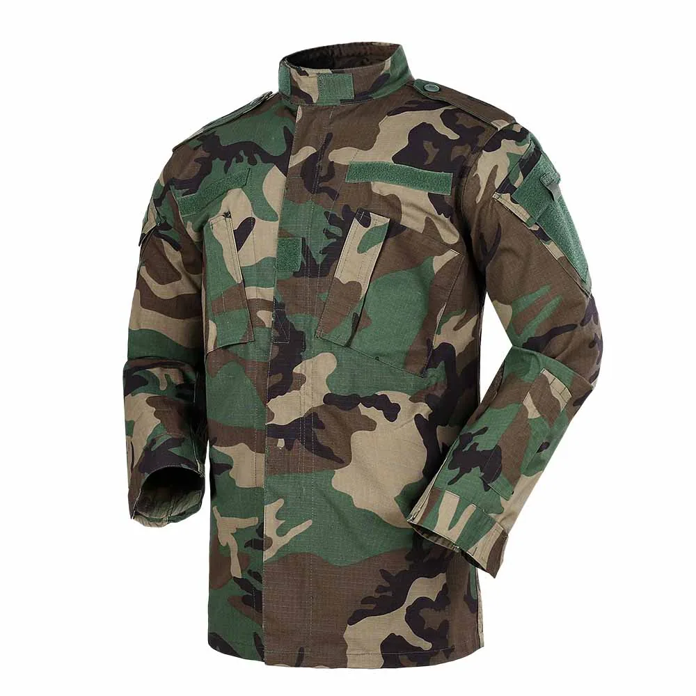 Front view of Woodland Camouflage Combat Uniform with double-layer stand-up collar and Velcro patches | SANDF Woodland Camouflage Combat Uniform